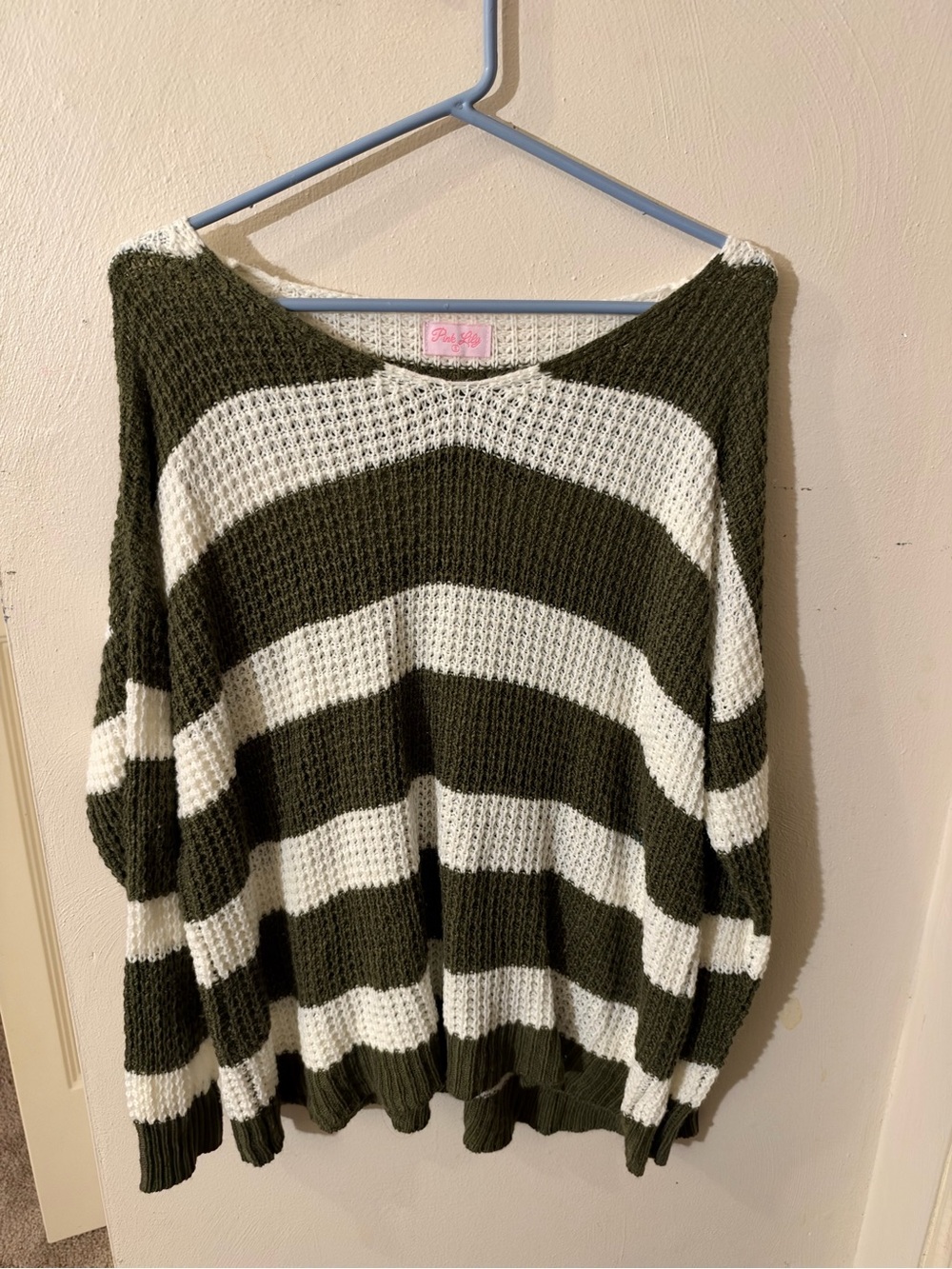Pink Lily Olive & White Striped Open-Knit Crew Sweater